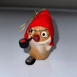 Vintage wooden gnome Christmas tree ornament with glasses & red cap